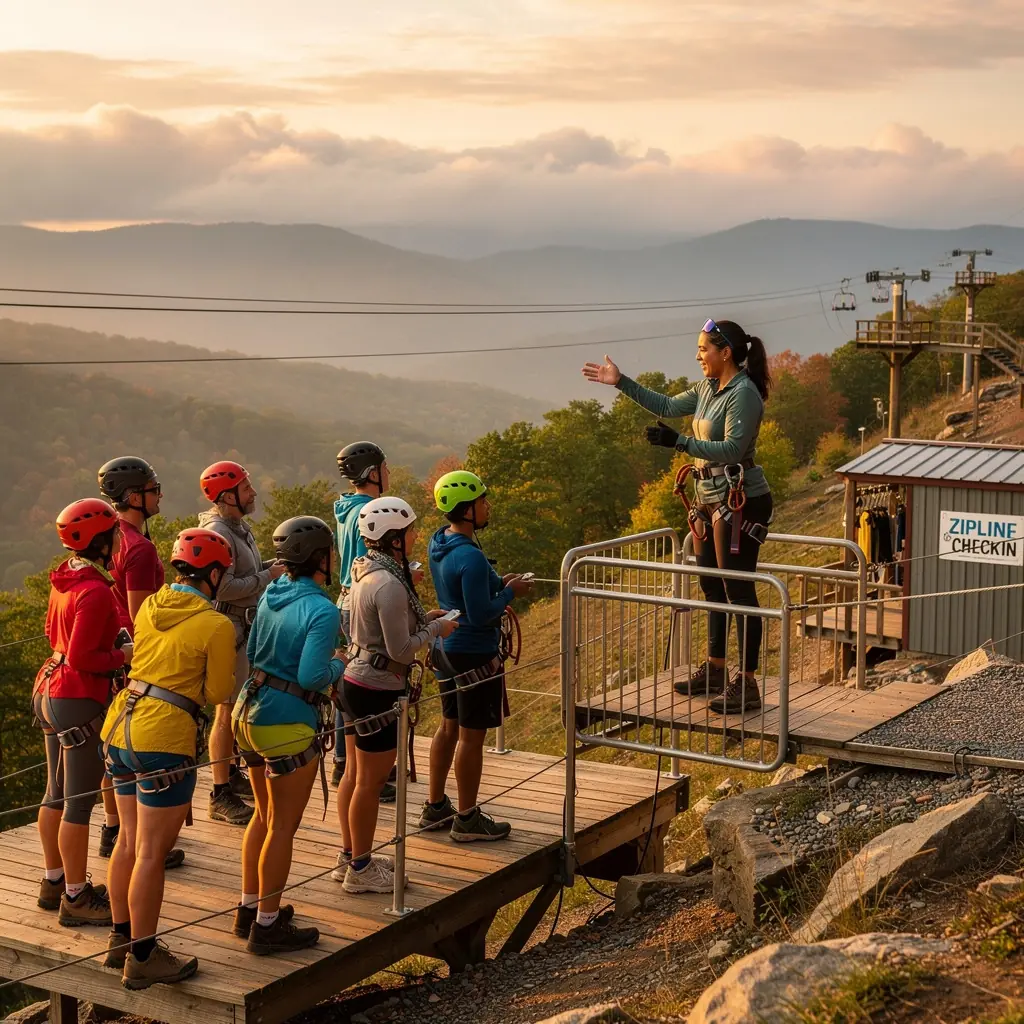 Панорамный вид на приключенческий парк с зиплайном и активными отдыхающими