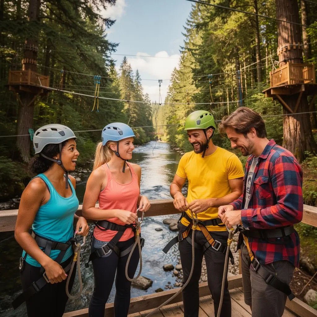 Туристы готовятся к прыжку с зиплайна, окруженные зелеными деревьями и небом
