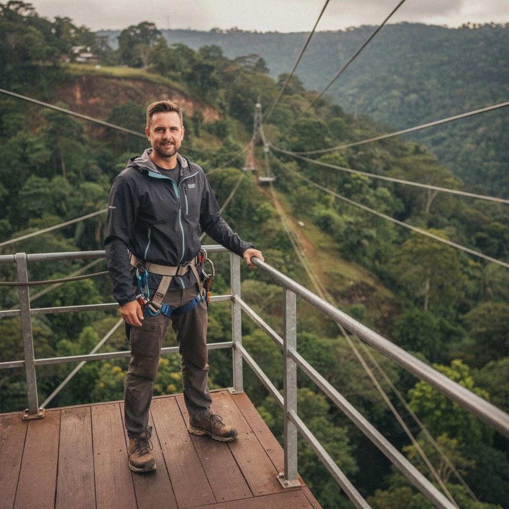Панорамный вид на парк аттракционов с зиплайном и зелеными деревьями